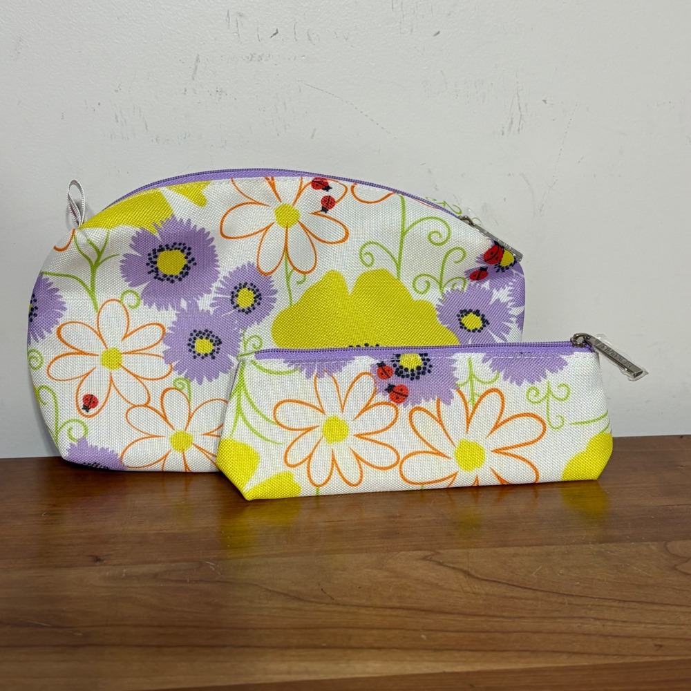 Clinique Floral Ladybug Makeup Bag Set 2 Piece Purple Yellow White Canvas Zipper